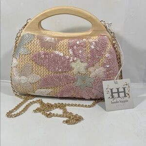 Haute Hippie Sequin Floral Clutch with Gold Chain